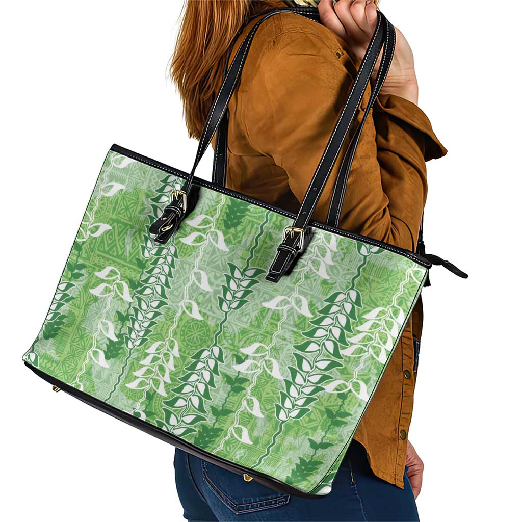 Green Hawaii Tapa Pattern Leather Tote Bag With Heliconia Vintage Style