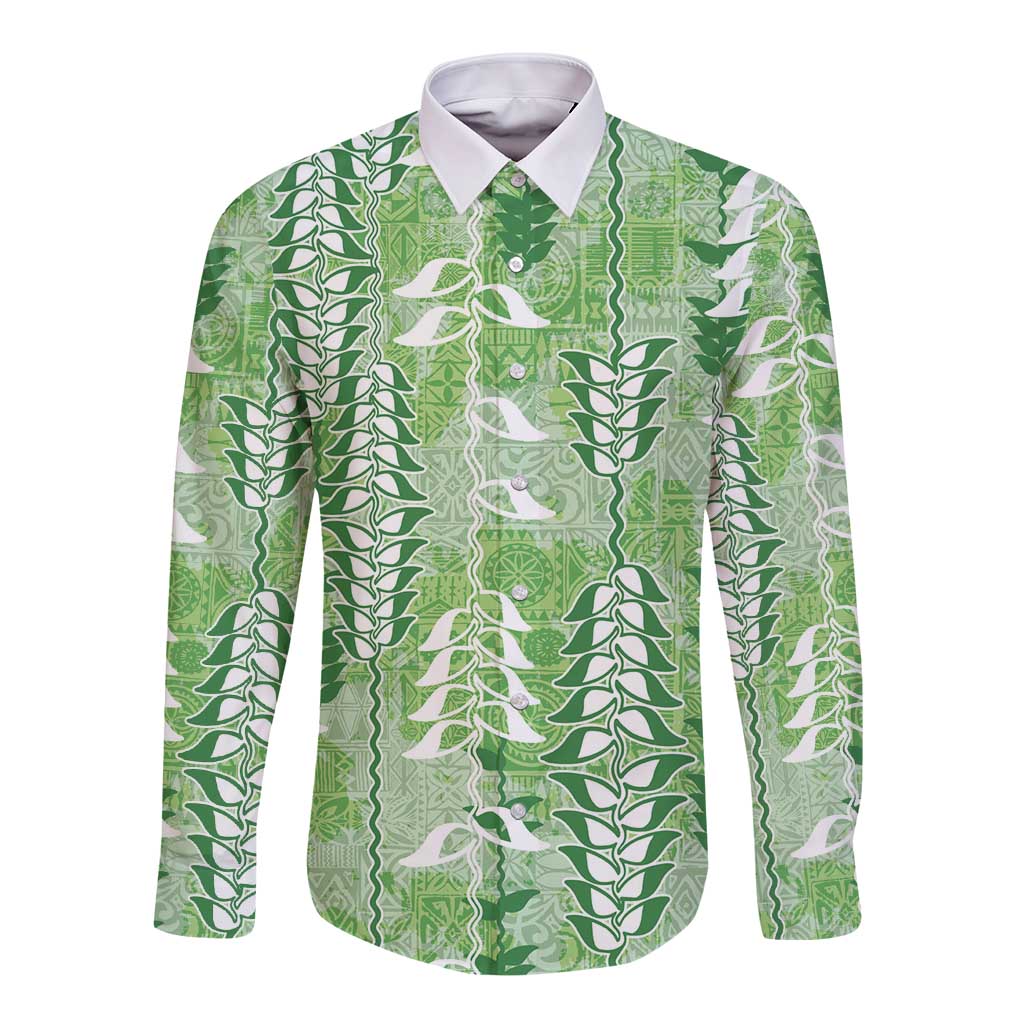 Green Hawaii Tapa Pattern Long Sleeve Button Shirt With Heliconia Vintage Style