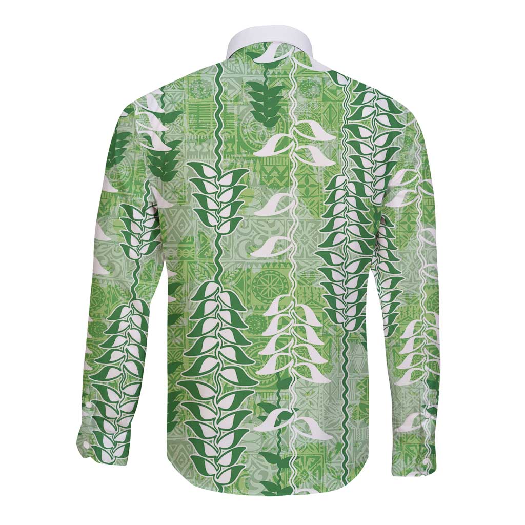 Green Hawaii Tapa Pattern Long Sleeve Button Shirt With Heliconia Vintage Style