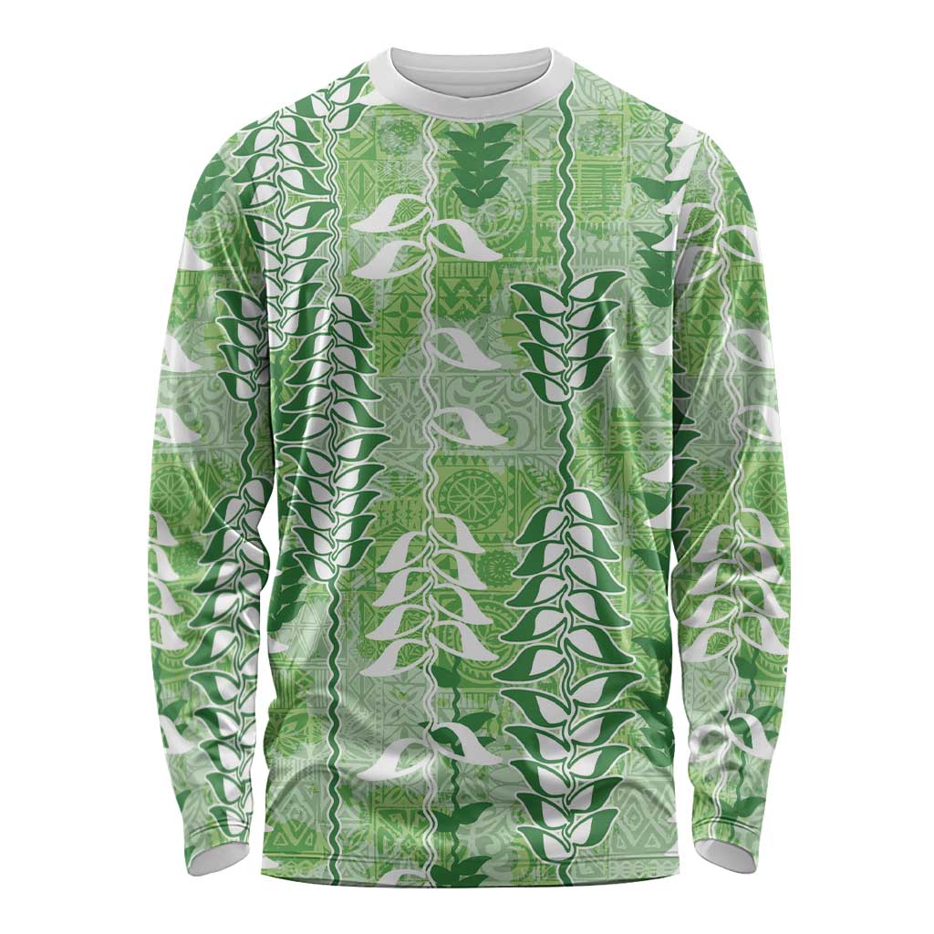 Green Hawaii Tapa Pattern Long Sleeve Shirt With Heliconia Vintage Style