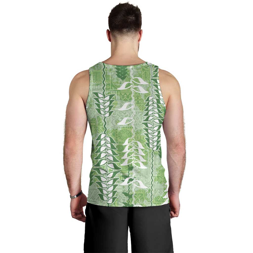 Green Hawaii Tapa Pattern Men Tank Top With Heliconia Vintage Style