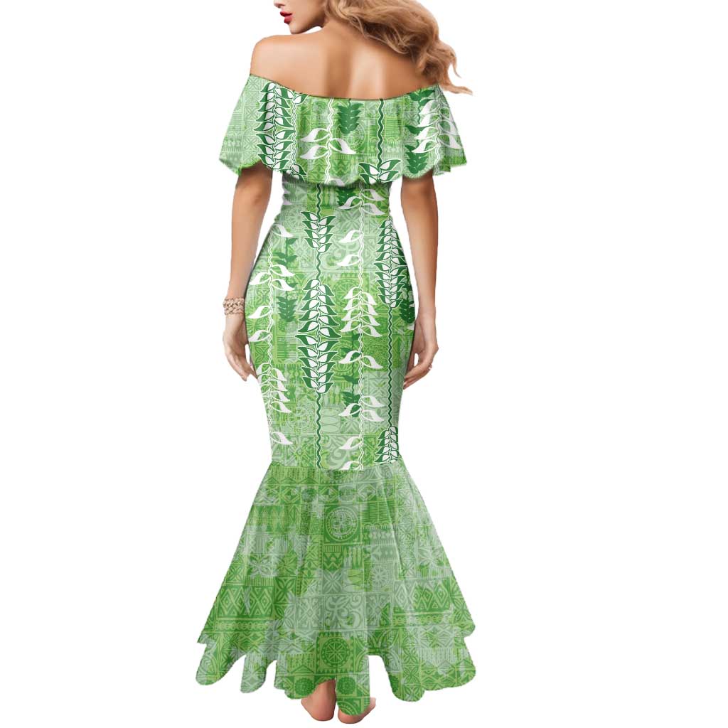 Green Hawaii Tapa Pattern Mermaid Dress With Heliconia Vintage Style