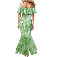 Green Hawaii Tapa Pattern Mermaid Dress With Heliconia Vintage Style