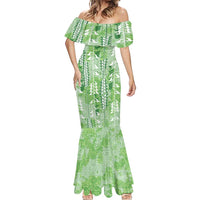Green Hawaii Tapa Pattern Mermaid Dress With Heliconia Vintage Style