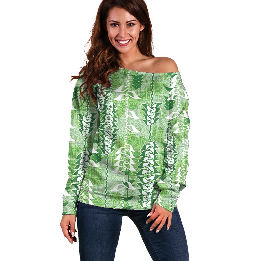 Green Hawaii Tapa Pattern Off Shoulder Sweater With Heliconia Vintage Style