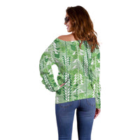 Green Hawaii Tapa Pattern Off Shoulder Sweater With Heliconia Vintage Style