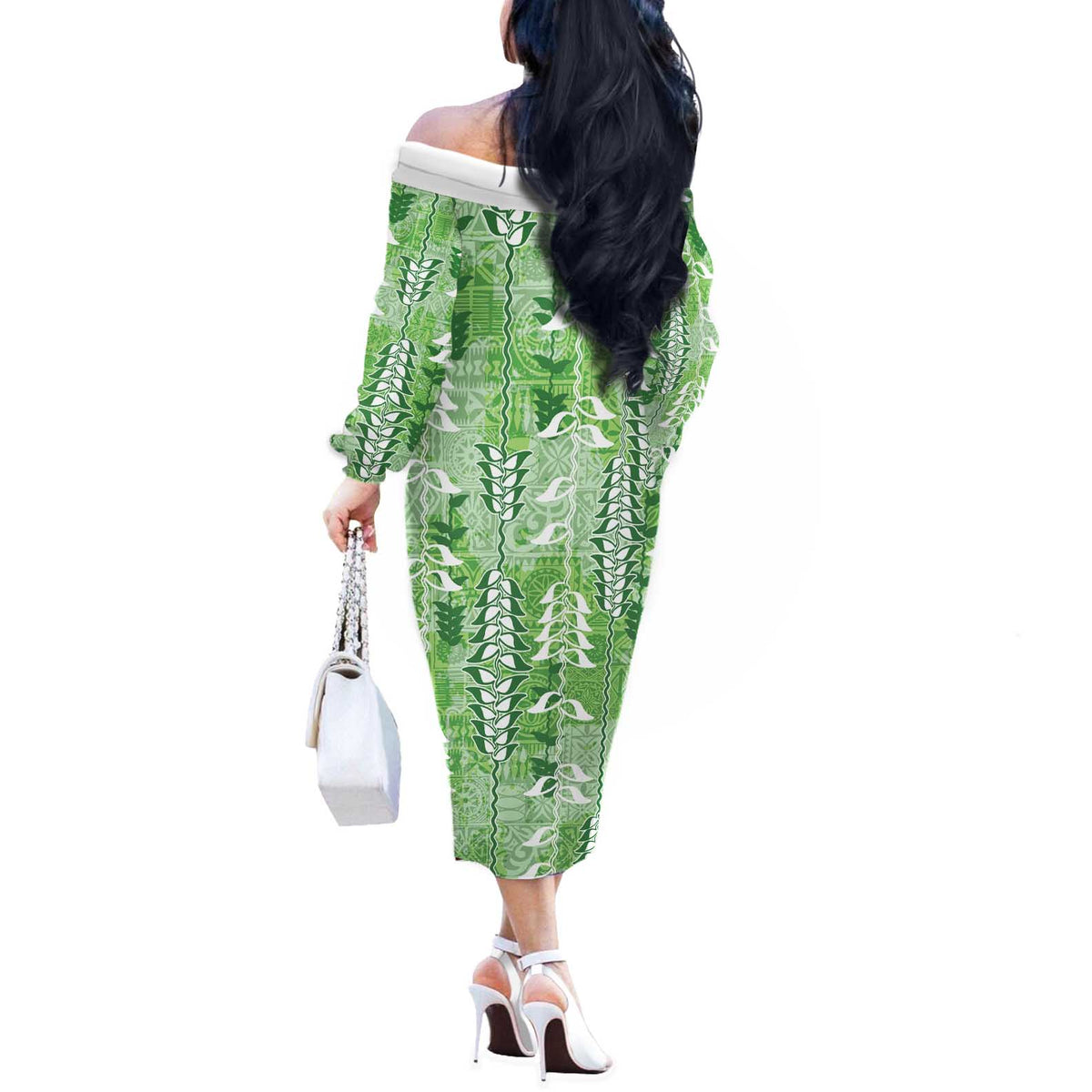 Green Hawaii Tapa Pattern Off The Shoulder Long Sleeve Dress With Heliconia Vintage Style