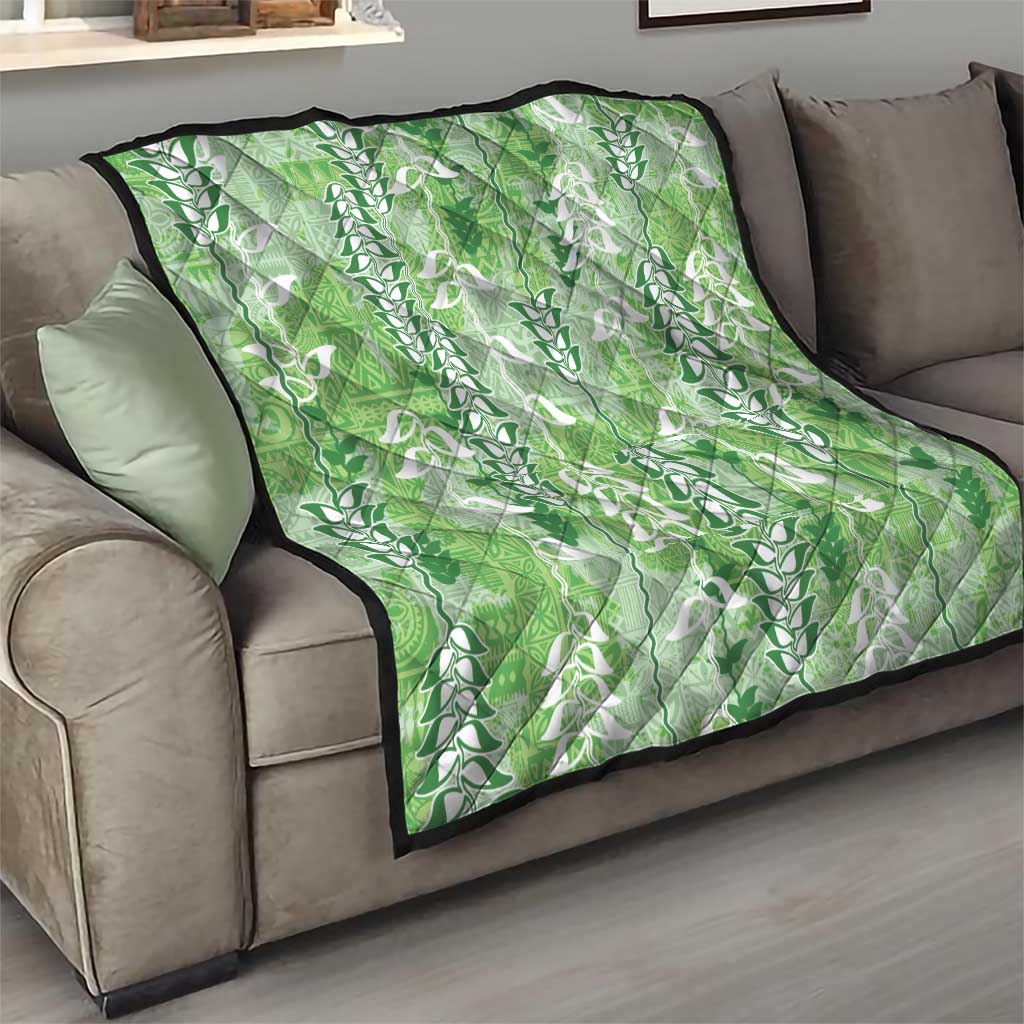Green Hawaii Tapa Pattern Quilt With Heliconia Vintage Style