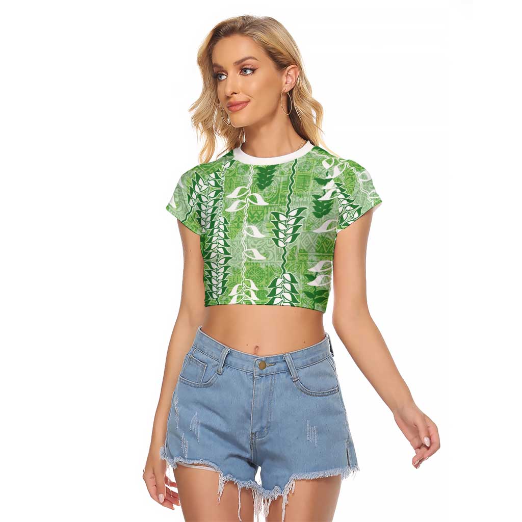Green Hawaii Tapa Pattern Raglan Cropped T Shirt With Heliconia Vintage Style