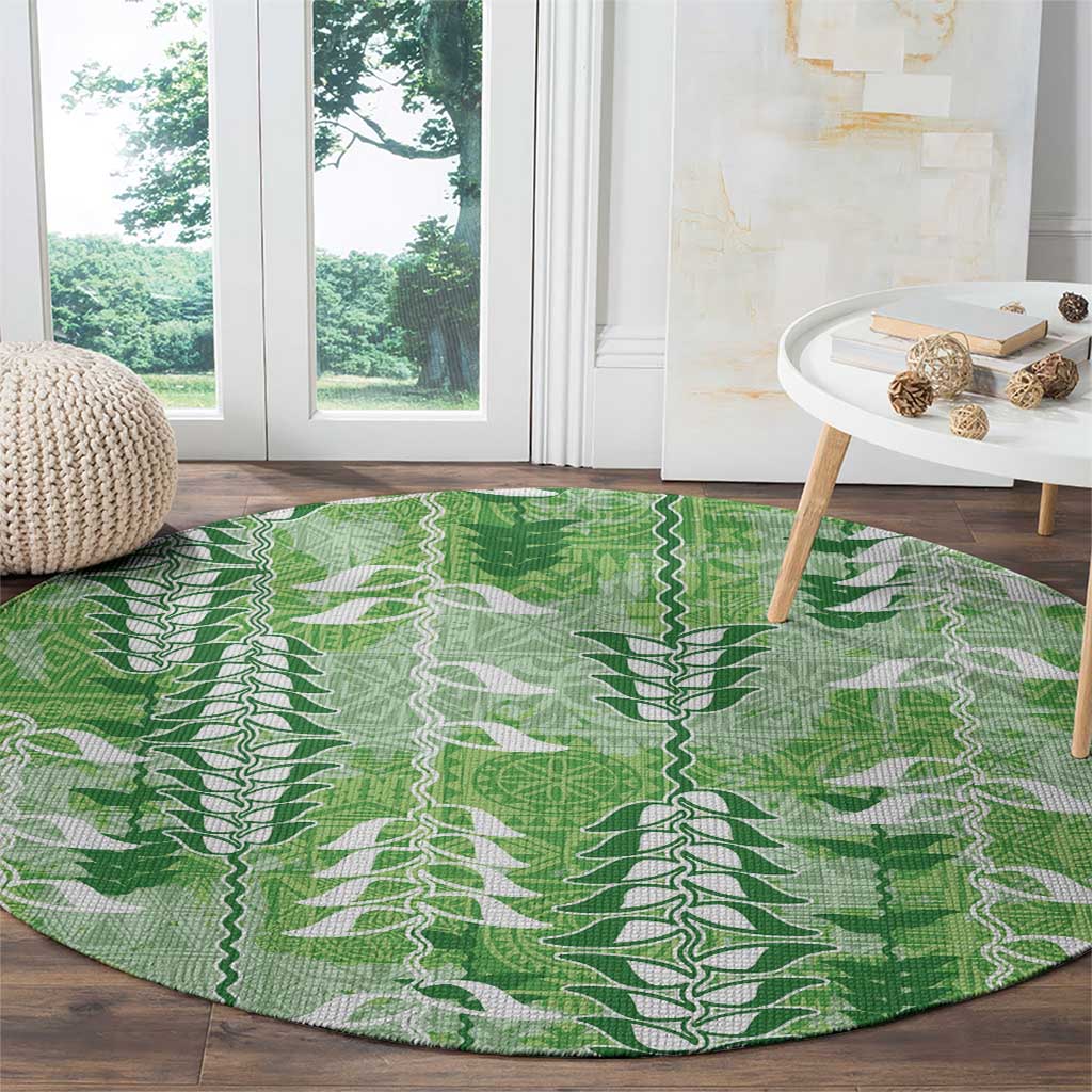 Green Hawaii Tapa Pattern Round Carpet With Heliconia Vintage Style