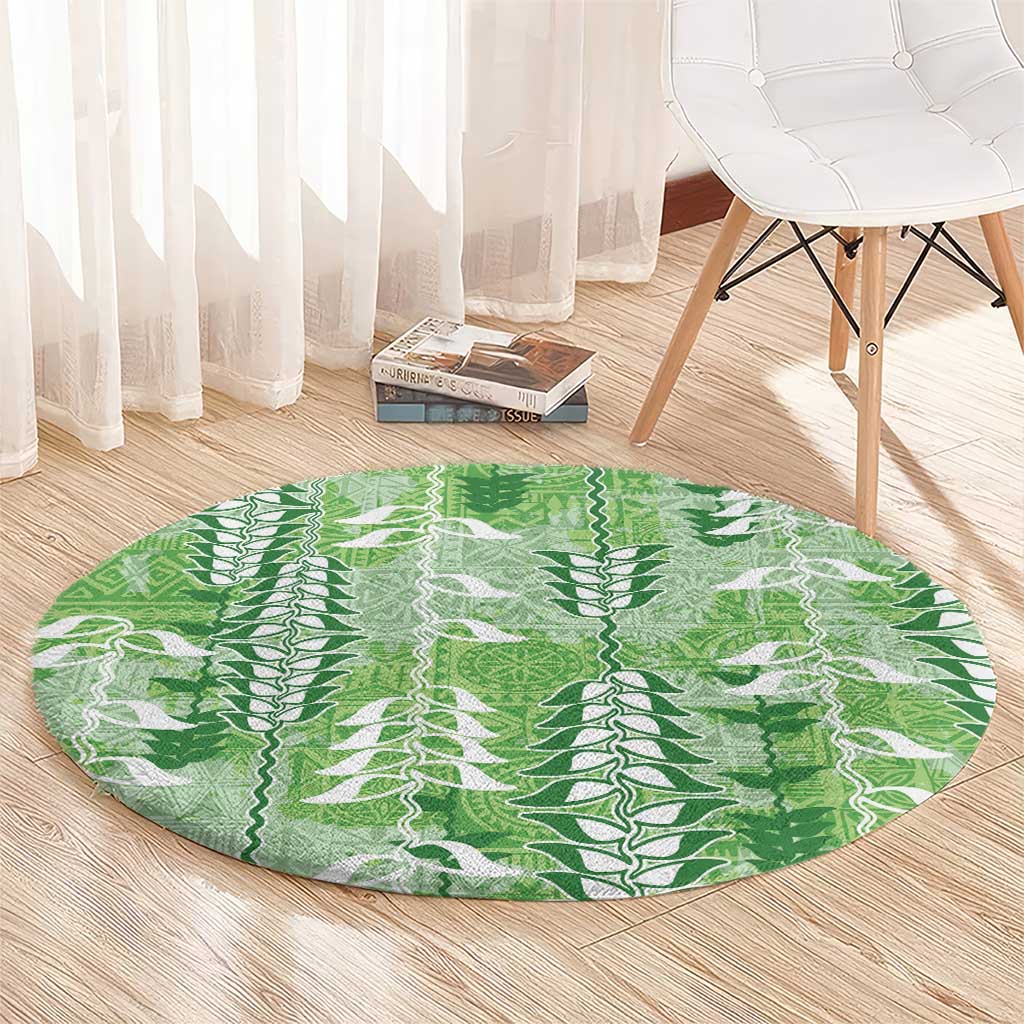 Green Hawaii Tapa Pattern Round Carpet With Heliconia Vintage Style