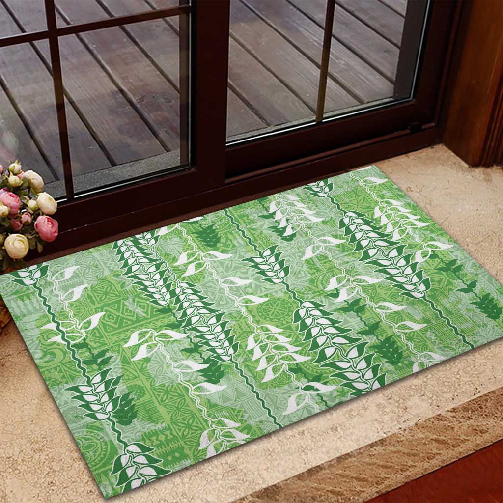Green Hawaii Tapa Pattern Rubber Doormat With Heliconia Vintage Style