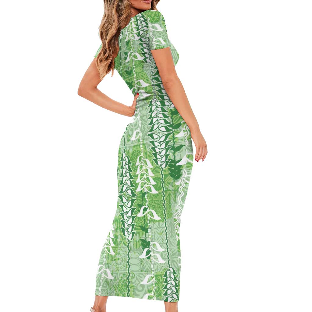 Green Hawaii Tapa Pattern Short Sleeve Bodycon Dress With Heliconia Vintage Style