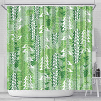 Green Hawaii Tapa Pattern Shower Curtain With Heliconia Vintage Style