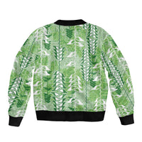 Green Hawaii Tapa Pattern Sleeve Zip Bomber Jacket With Heliconia Vintage Style