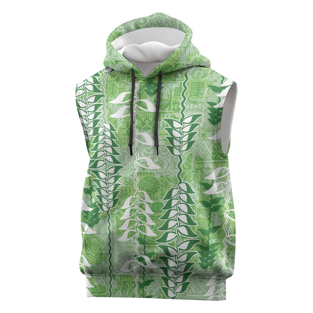 Green Hawaii Tapa Pattern Sleeveless Hoodie With Heliconia Vintage Style