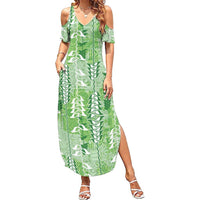 Green Hawaii Tapa Pattern Summer Maxi Dress With Heliconia Vintage Style