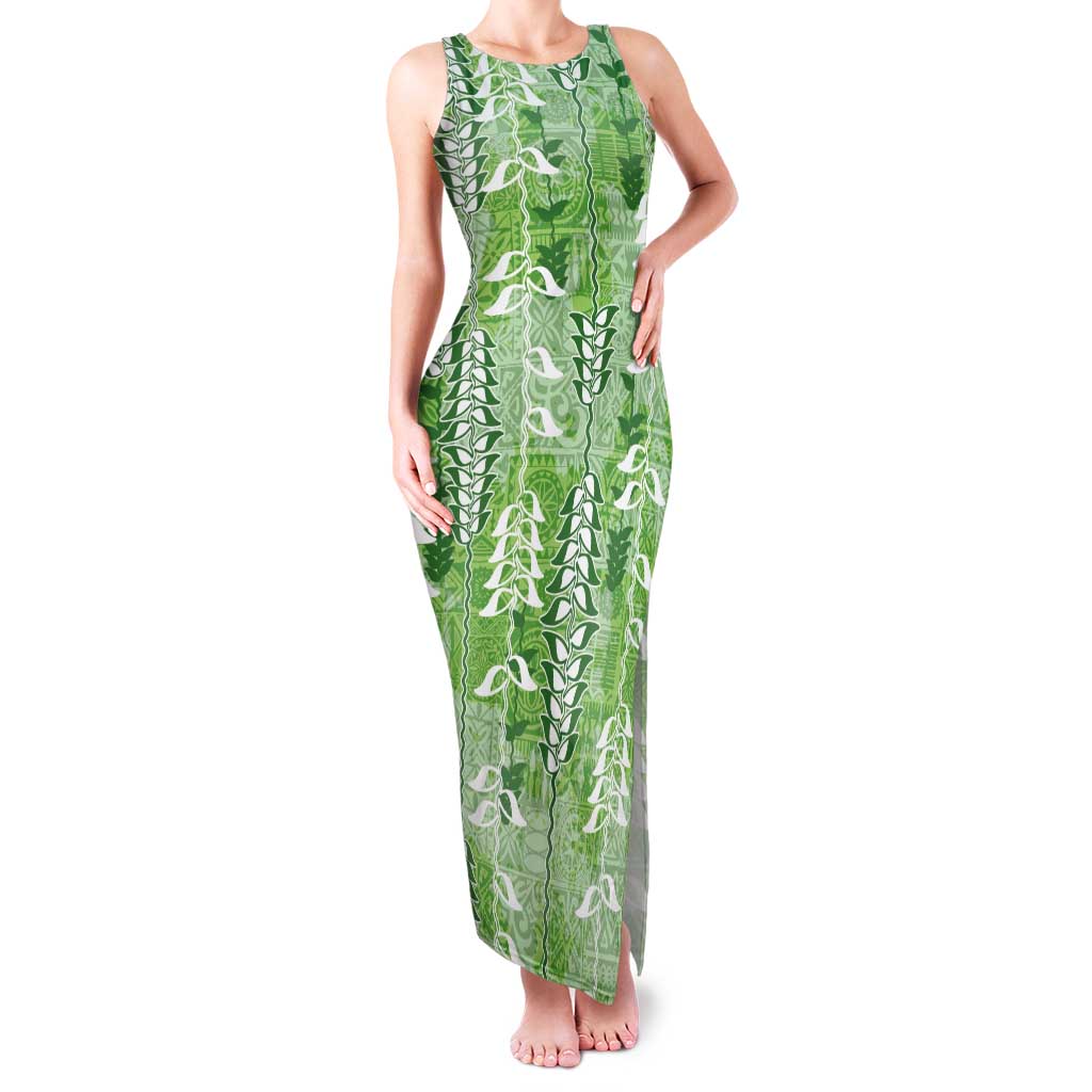 Green Hawaii Tapa Pattern Tank Maxi Dress With Heliconia Vintage Style