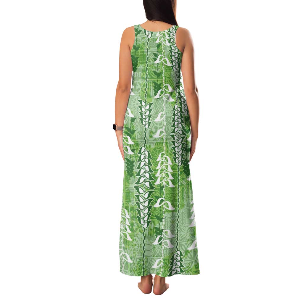 Green Hawaii Tapa Pattern Tank Maxi Dress With Heliconia Vintage Style
