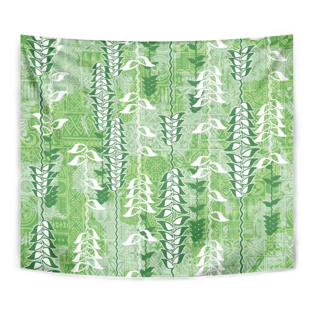 Green Hawaii Tapa Pattern Tapestry With Heliconia Vintage Style
