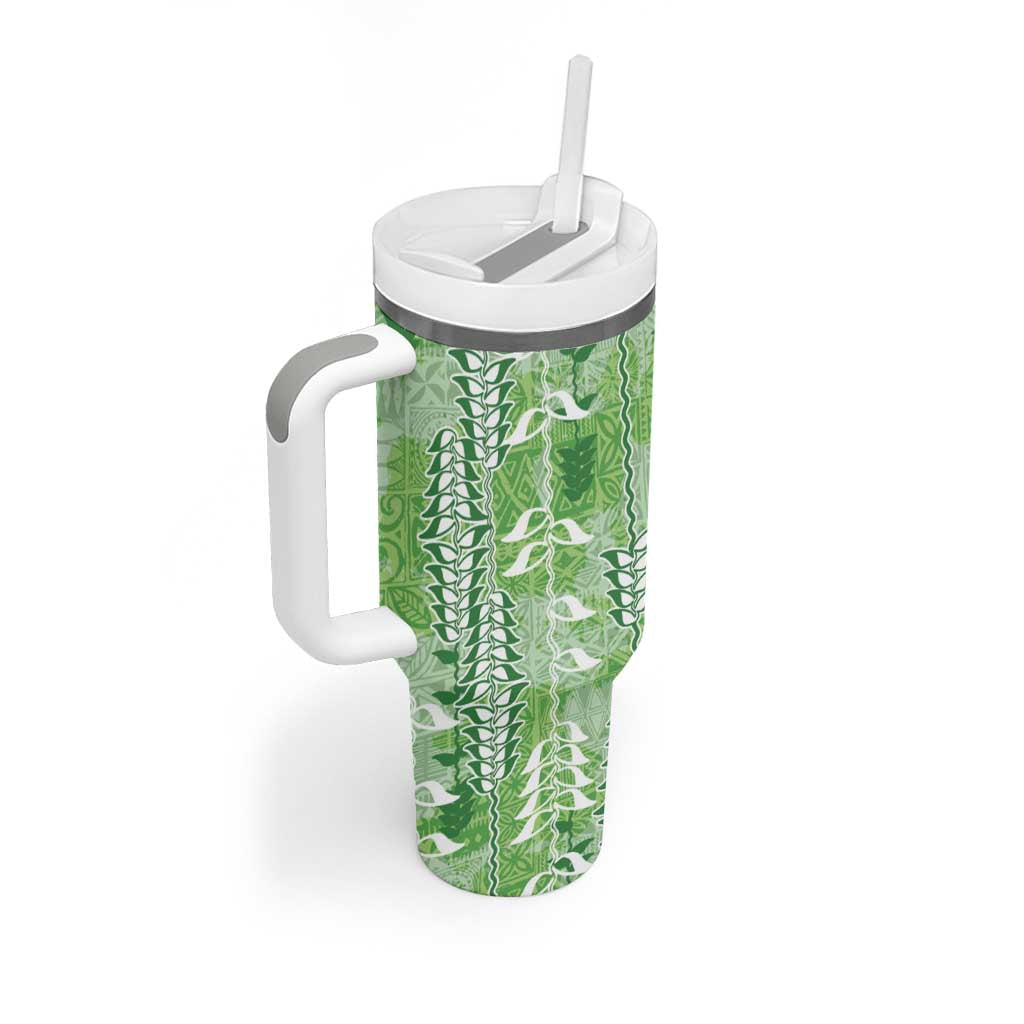 Green Hawaii Tapa Pattern Tumbler With Handle With Heliconia Vintage Style