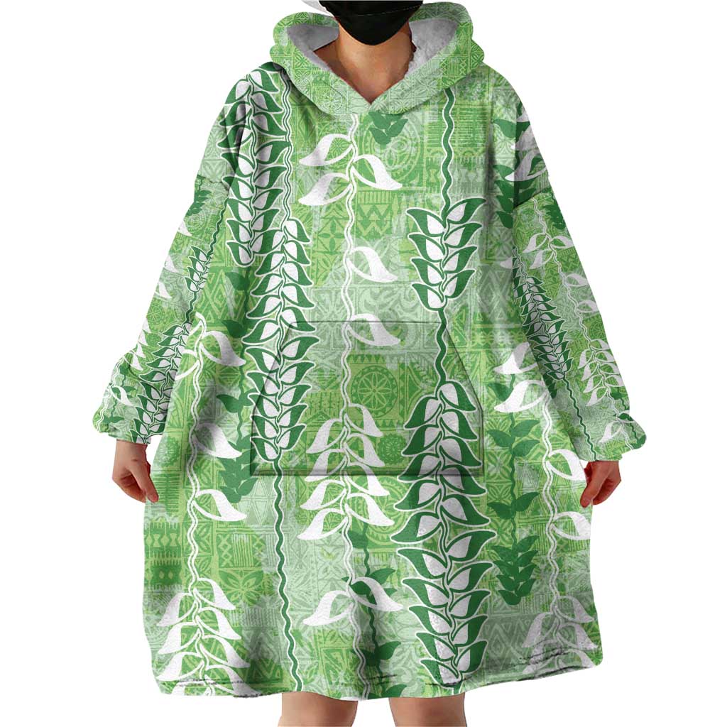 Green Hawaii Tapa Pattern Wearable Blanket Hoodie With Heliconia Vintage Style LT05 - Polynesian Pride