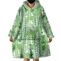 Green Hawaii Tapa Pattern Wearable Blanket Hoodie With Heliconia Vintage Style LT05 - Polynesian Pride