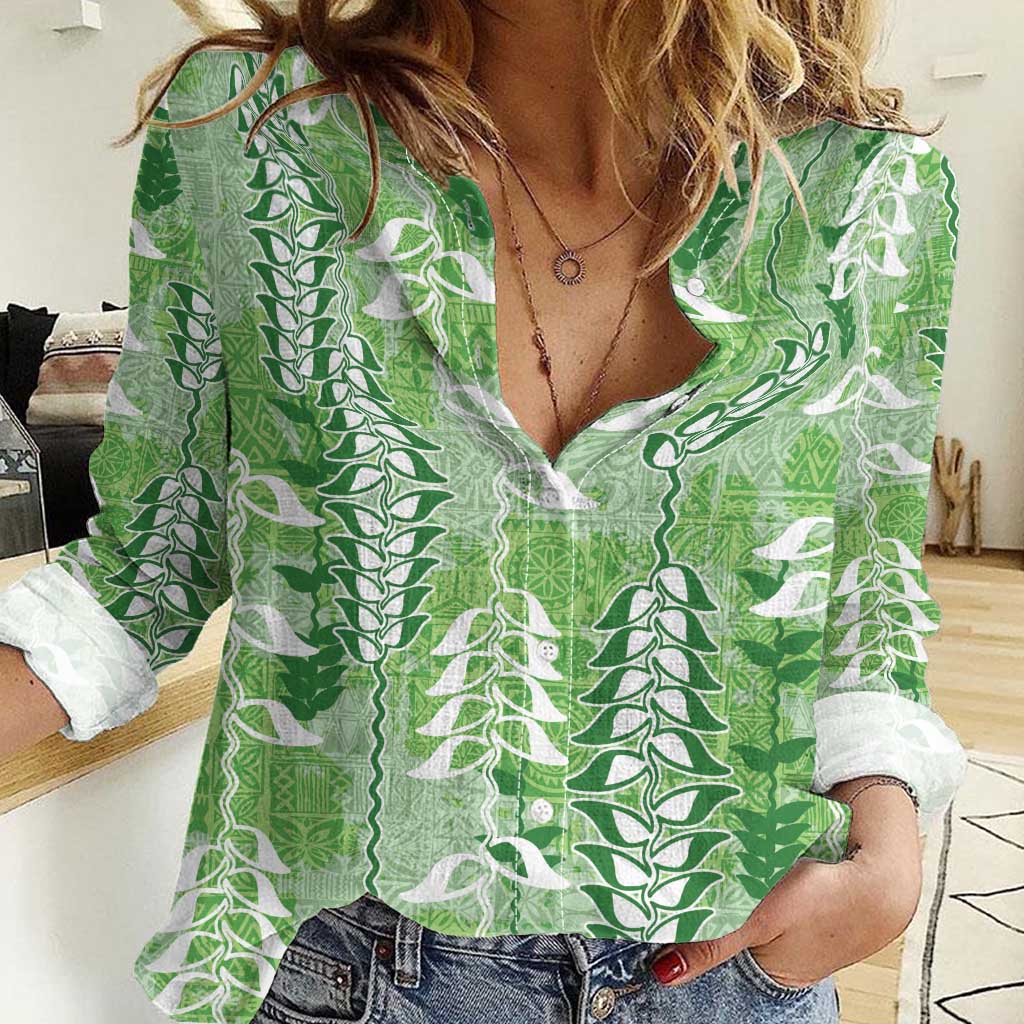 Green Hawaii Tapa Pattern Women Casual Shirt With Heliconia Vintage Style