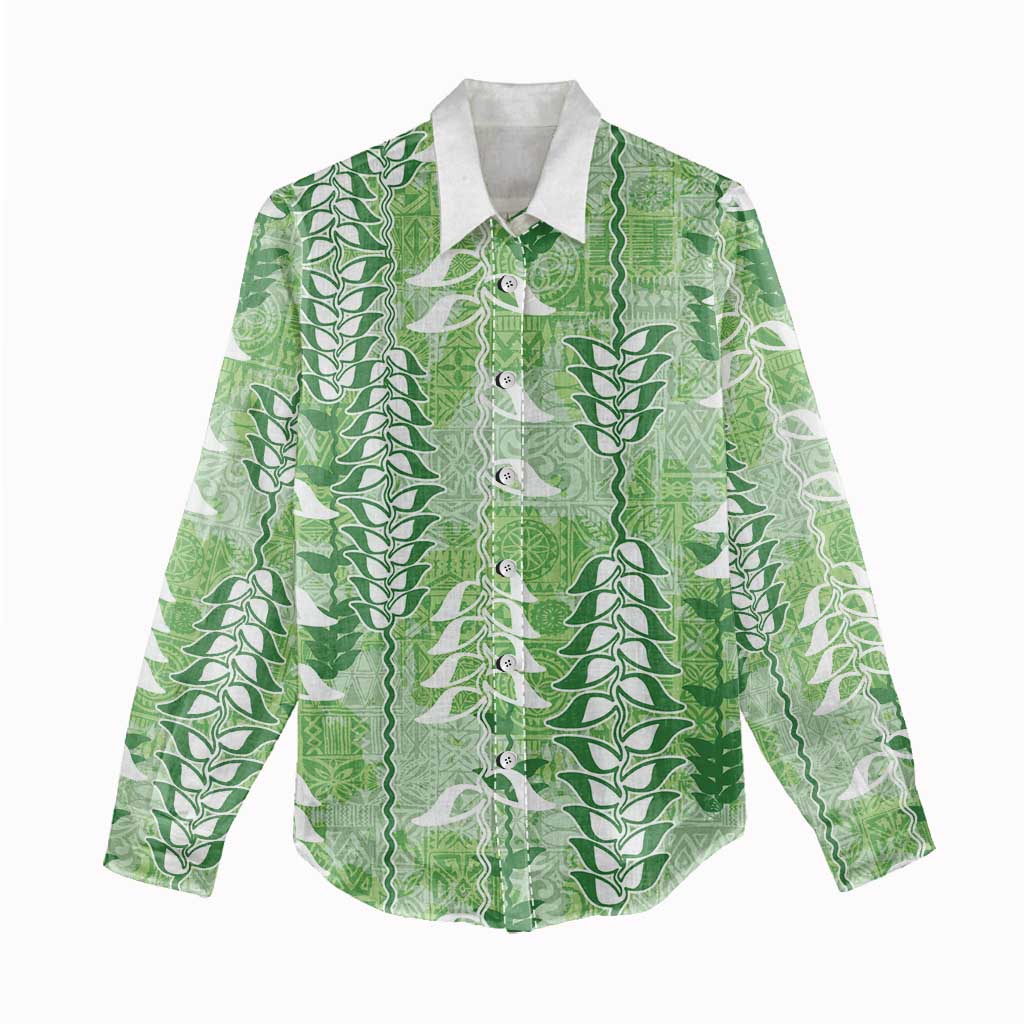 Green Hawaii Tapa Pattern Women Casual Shirt With Heliconia Vintage Style