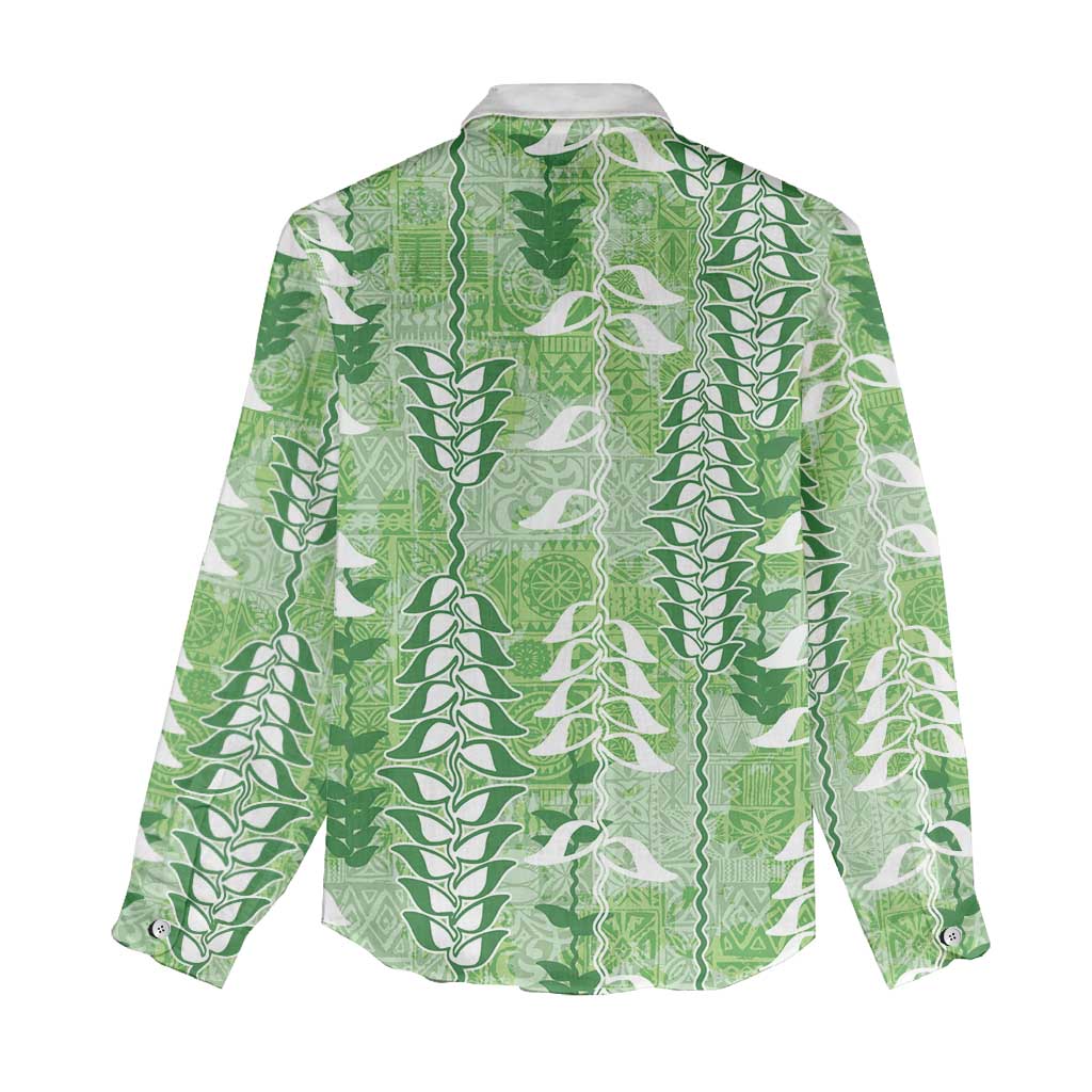 Green Hawaii Tapa Pattern Women Casual Shirt With Heliconia Vintage Style