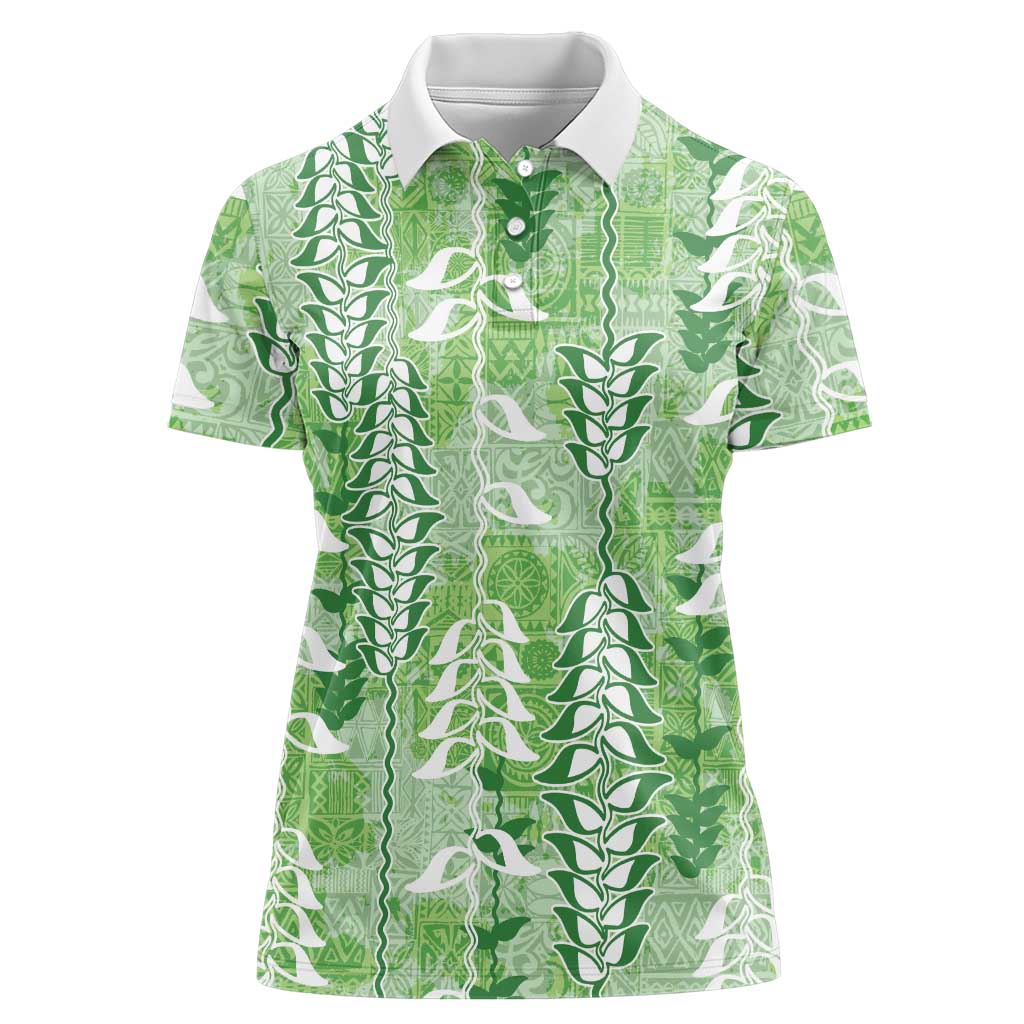 Green Hawaii Tapa Pattern Women Polo Shirt With Heliconia Vintage Style