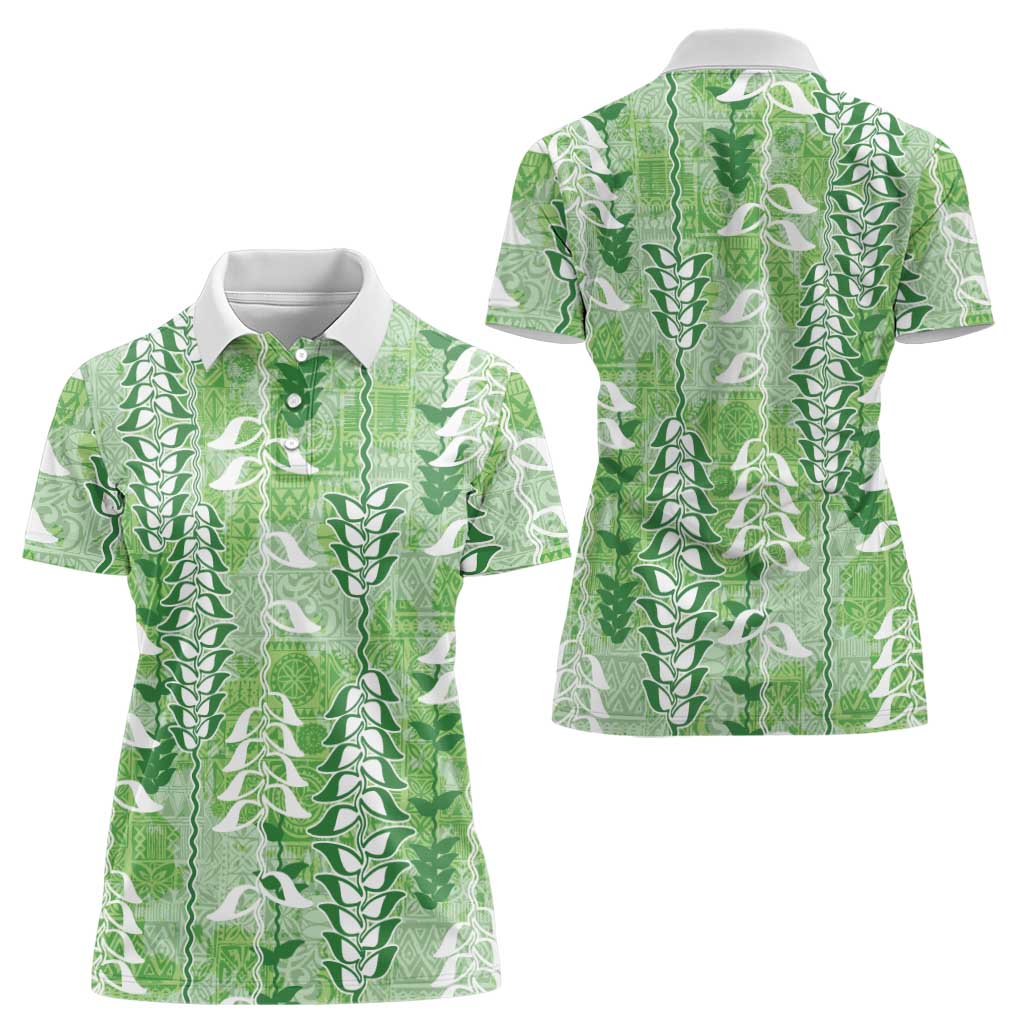 Green Hawaii Tapa Pattern Women Polo Shirt With Heliconia Vintage Style