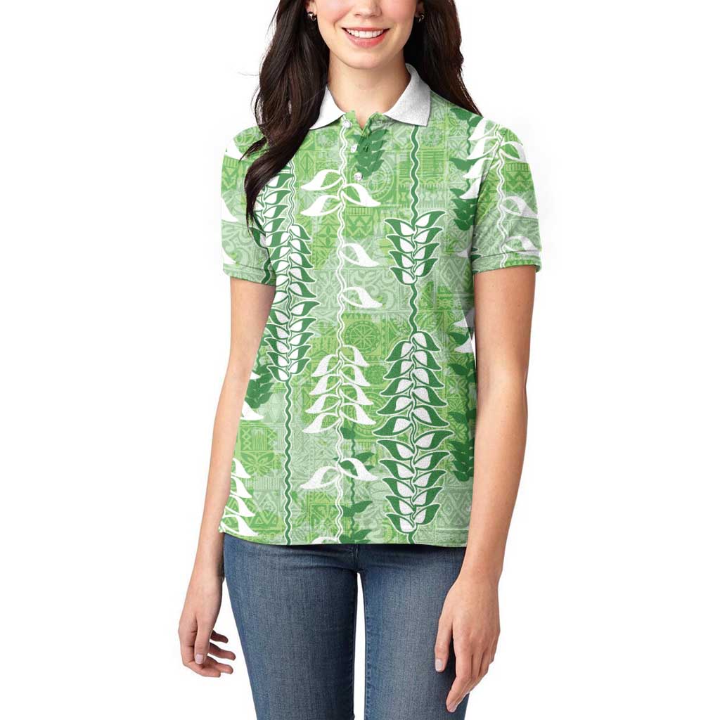 Green Hawaii Tapa Pattern Women Polo Shirt With Heliconia Vintage Style