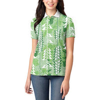 Green Hawaii Tapa Pattern Women Polo Shirt With Heliconia Vintage Style