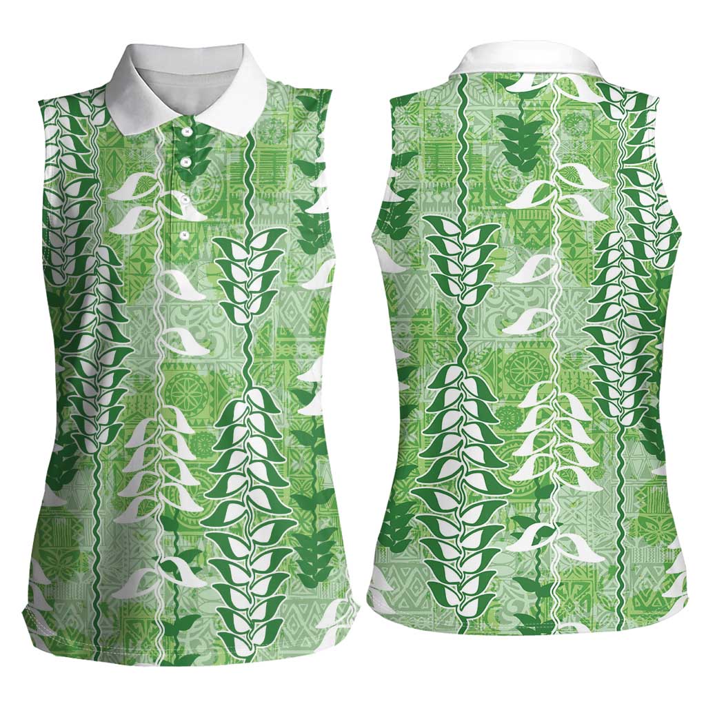 Green Hawaii Tapa Pattern Women Sleeveless Polo Shirt With Heliconia Vintage Style