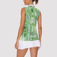 Green Hawaii Tapa Pattern Women Sleeveless Polo Shirt With Heliconia Vintage Style