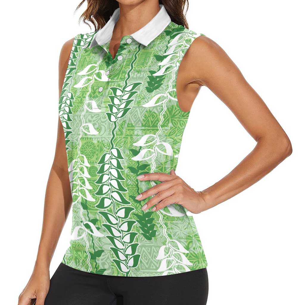 Green Hawaii Tapa Pattern Women Sleeveless Polo Shirt With Heliconia Vintage Style