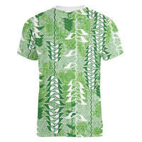 Green Hawaii Tapa Pattern Women V-Neck T-Shirt With Heliconia Vintage Style