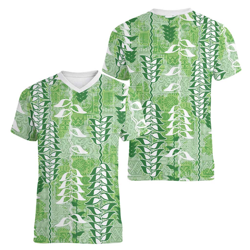 Green Hawaii Tapa Pattern Women V-Neck T-Shirt With Heliconia Vintage Style