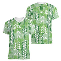 Green Hawaii Tapa Pattern Women V-Neck T-Shirt With Heliconia Vintage Style