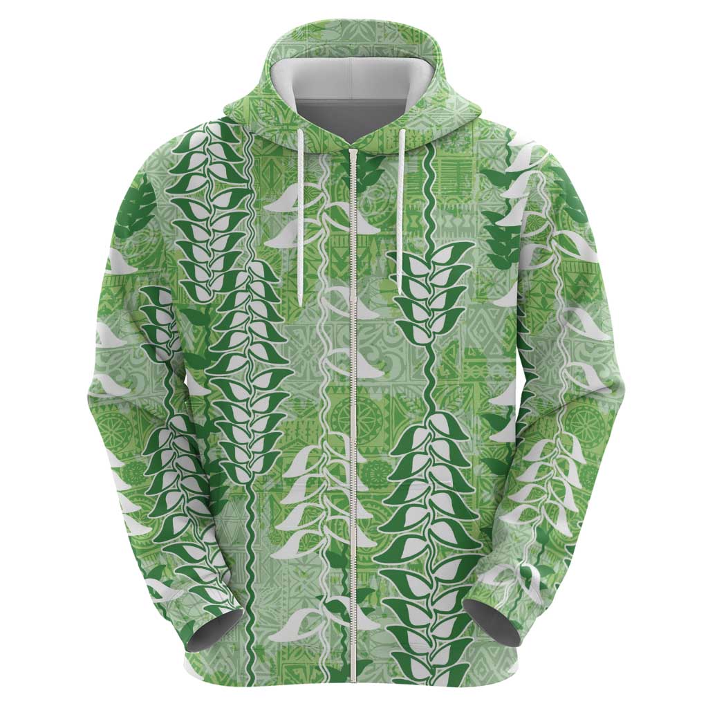Green Hawaii Tapa Pattern Zip Hoodie With Heliconia Vintage Style
