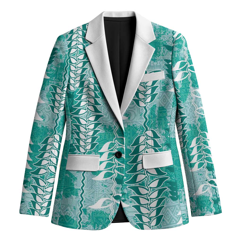 Teal Hawaii Tapa Pattern Blazer With Heliconia Vintage Style