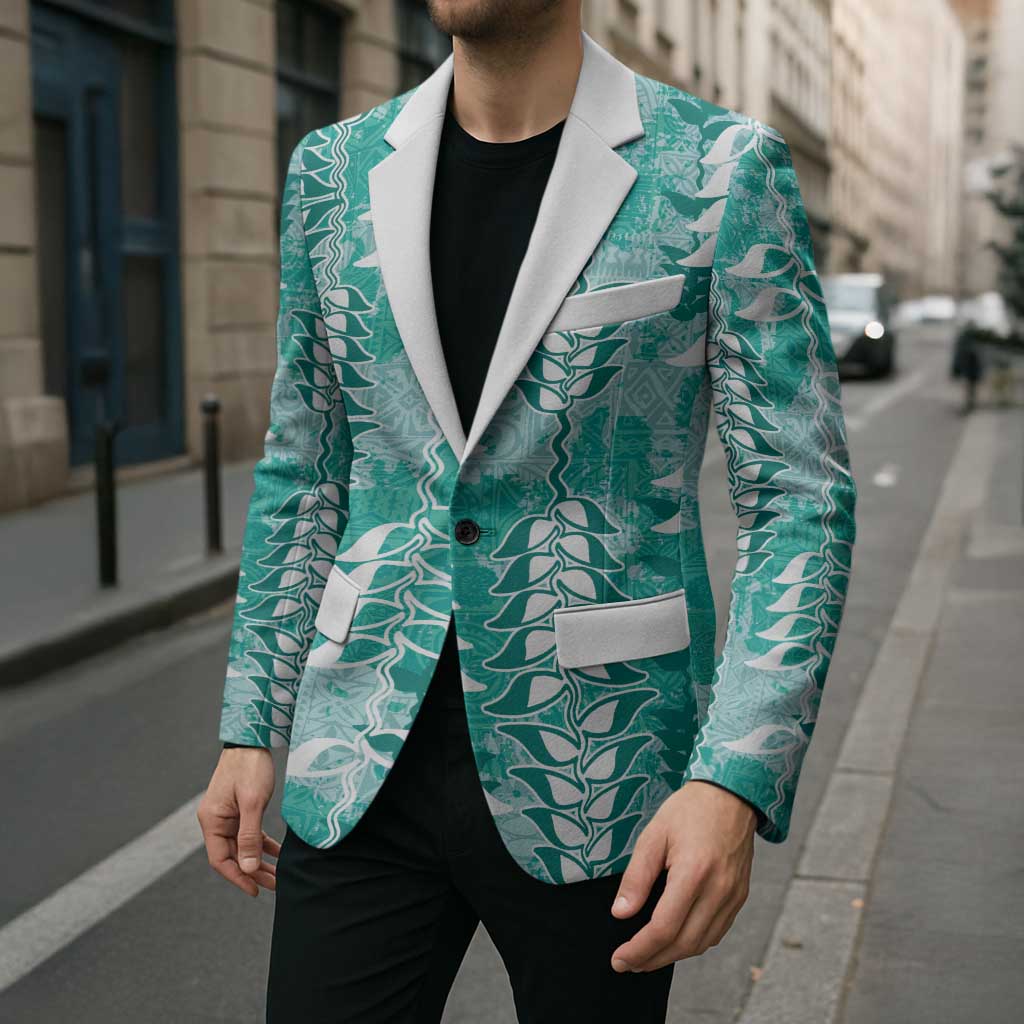 Teal Hawaii Tapa Pattern Blazer With Heliconia Vintage Style