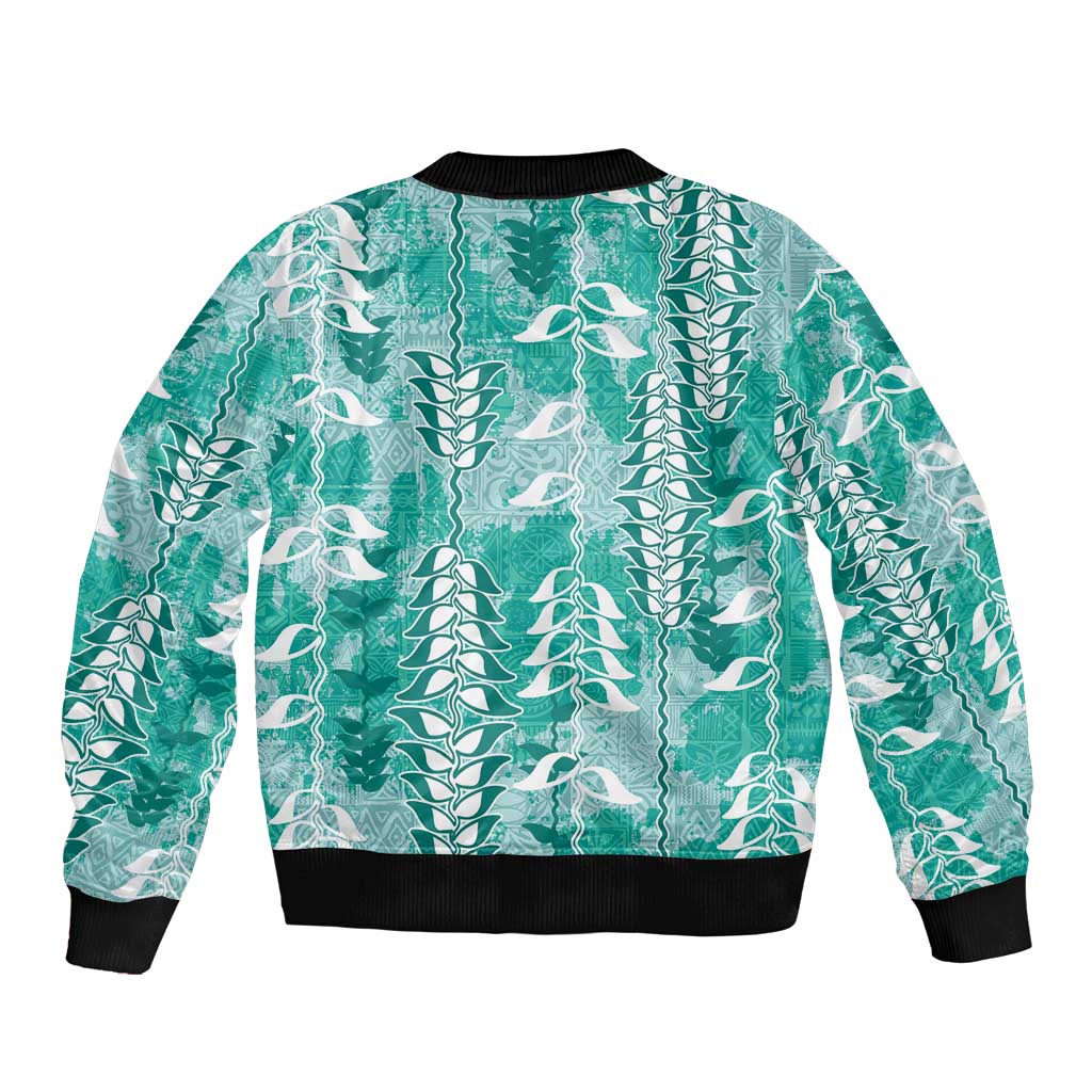 Teal Hawaii Tapa Pattern Bomber Jacket With Heliconia Vintage Style
