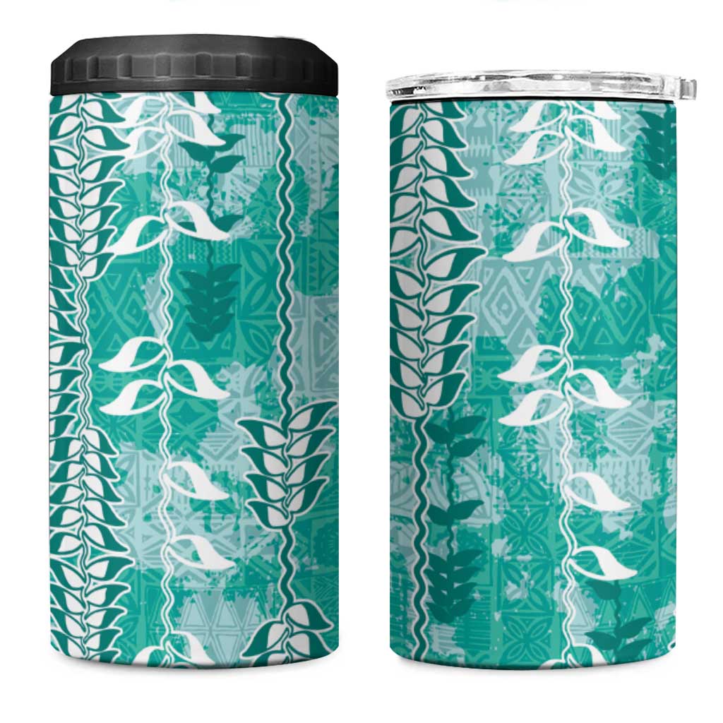Teal Hawaii Tapa Pattern 4 in 1 Can Cooler Tumbler With Heliconia Vintage Style