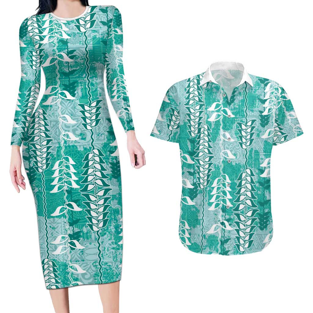 Teal Hawaii Tapa Pattern Couples Matching Long Sleeve Bodycon Dress and Hawaiian Shirt With Heliconia Vintage Style