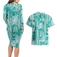 Teal Hawaii Tapa Pattern Couples Matching Long Sleeve Bodycon Dress and Hawaiian Shirt With Heliconia Vintage Style