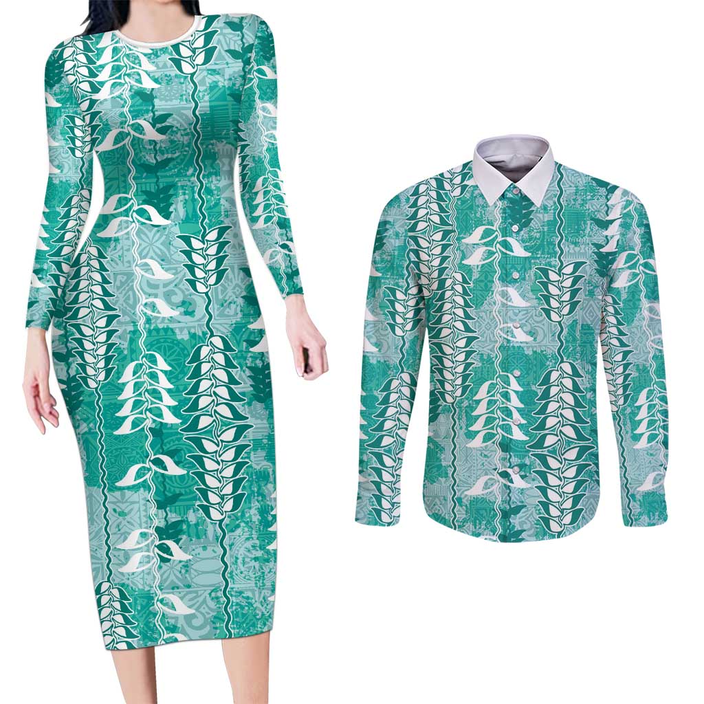 Teal Hawaii Tapa Pattern Couples Matching Long Sleeve Bodycon Dress and Long Sleeve Button Shirt With Heliconia Vintage Style