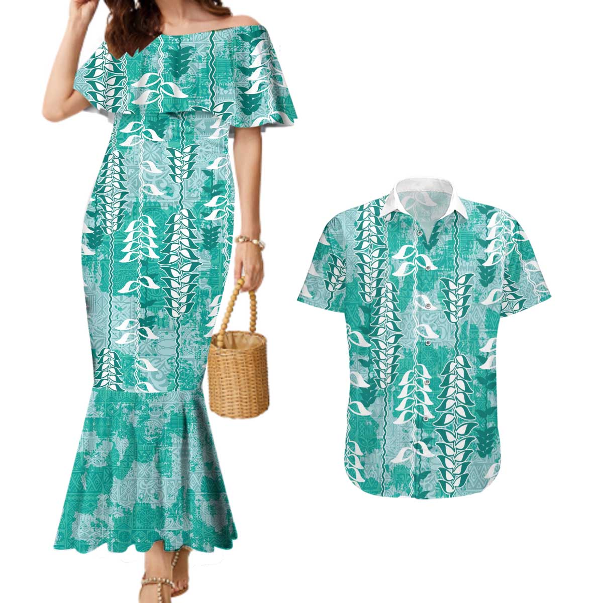 Teal Hawaii Tapa Pattern Couples Matching Mermaid Dress and Hawaiian Shirt With Heliconia Vintage Style