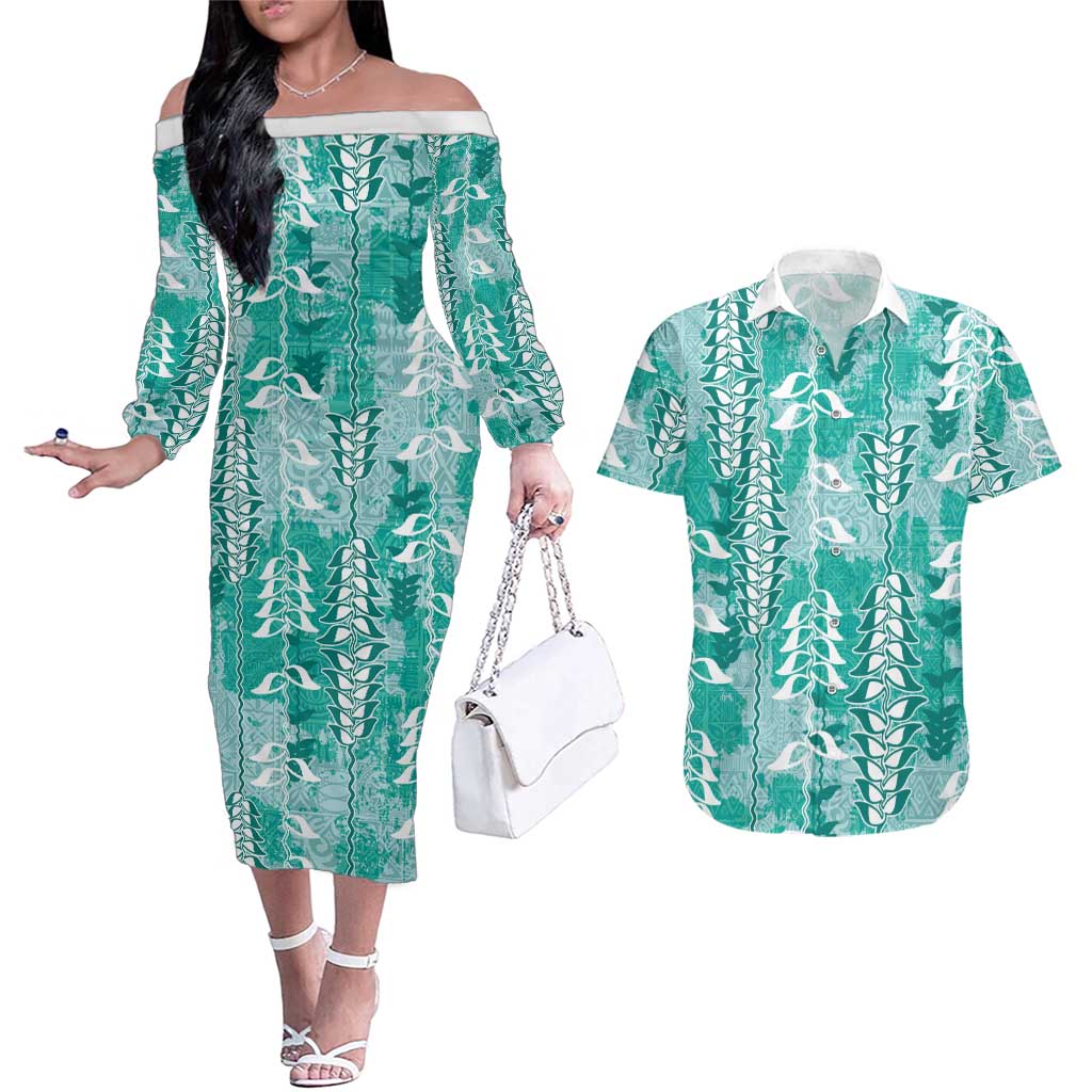 Teal Hawaii Tapa Pattern Couples Matching Off The Shoulder Long Sleeve Dress and Hawaiian Shirt With Heliconia Vintage Style LT05 Teal - Polynesian Pride